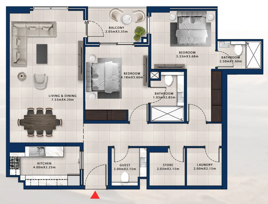 Asayel Avenue 2 bed floor plan, 1,376 sqft