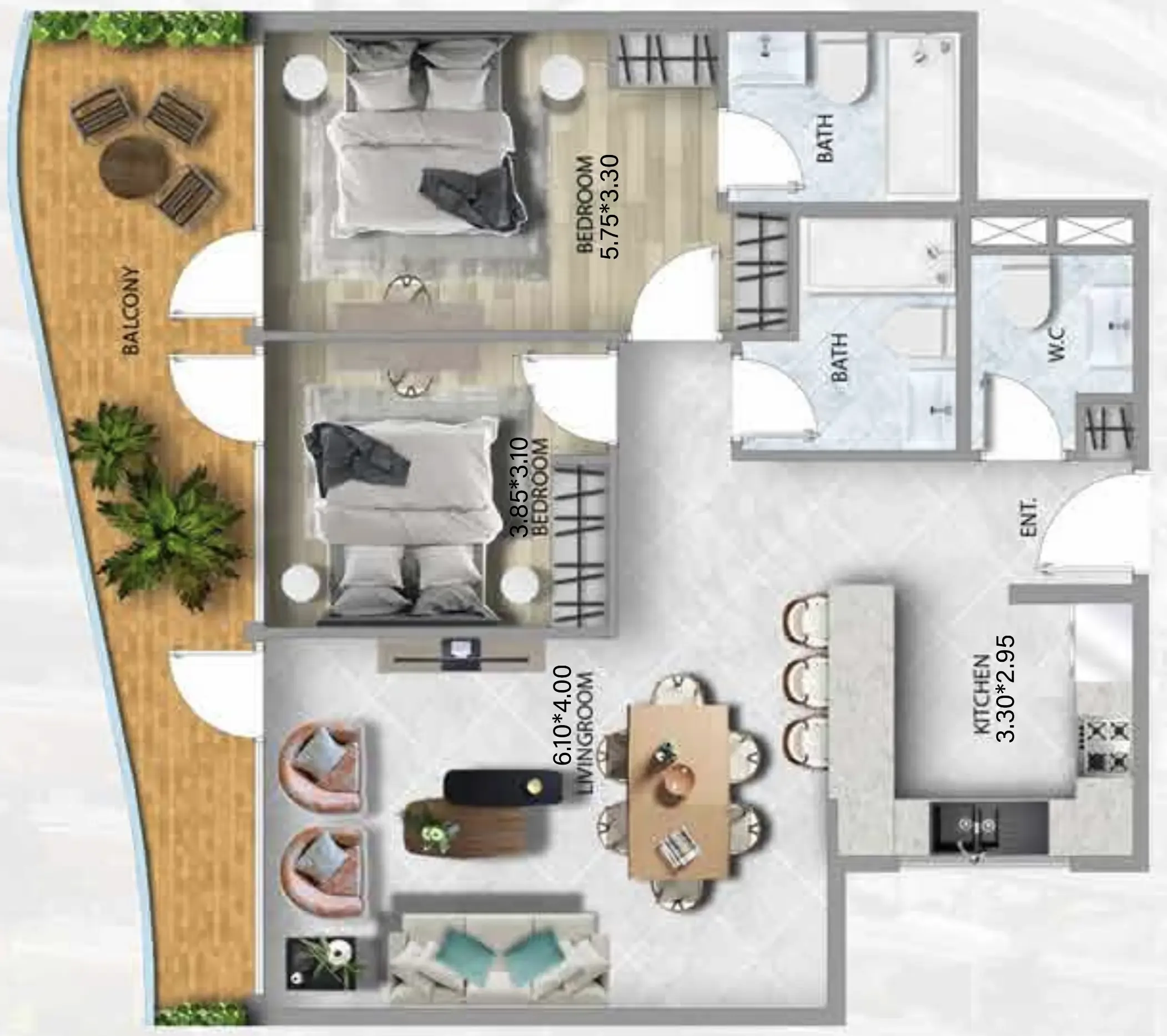 311 Boulevard 2 bed floor plan, 1,156 sqft