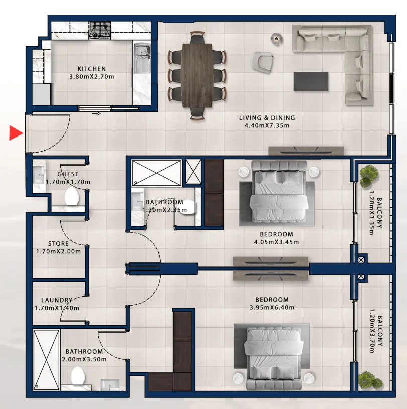 Asayel Avenue 2 bed floor plan, 1,470 sqft