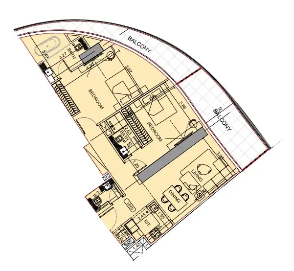 Binghatti Aquarise 2 bed floor plan, 1,324 sqft