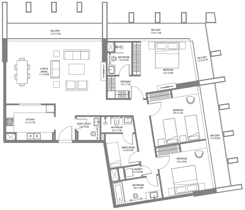 Safa 1 3 bed floor plan, 1,999 – 2,232 sqft
