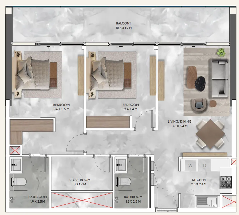 California Residences 2 bed floor plan, 1,134 – 1,135 sqft