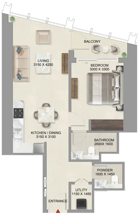 The Mirage at Sobha Central 1 bed floor plan, 694 sqft