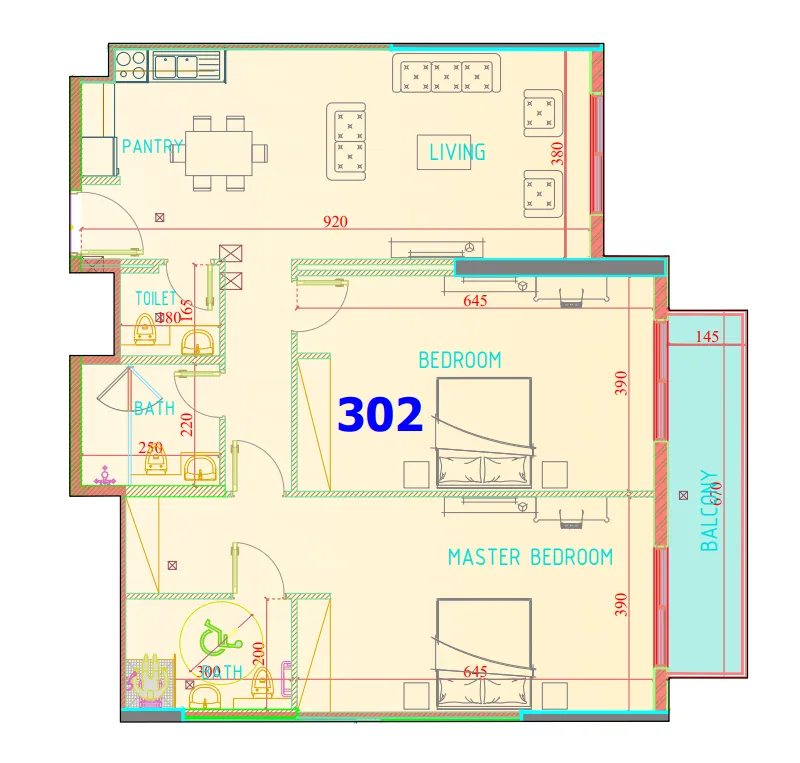 Carmel Residence 2 bed floor plan, 1,447 sqft