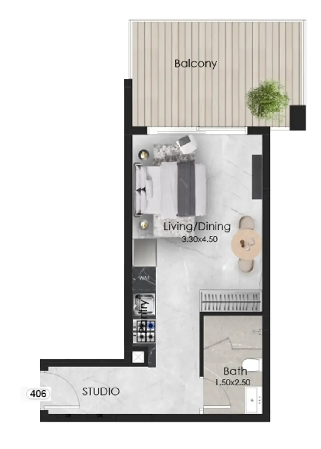 Aristo Studio floor plan, 444 sqft