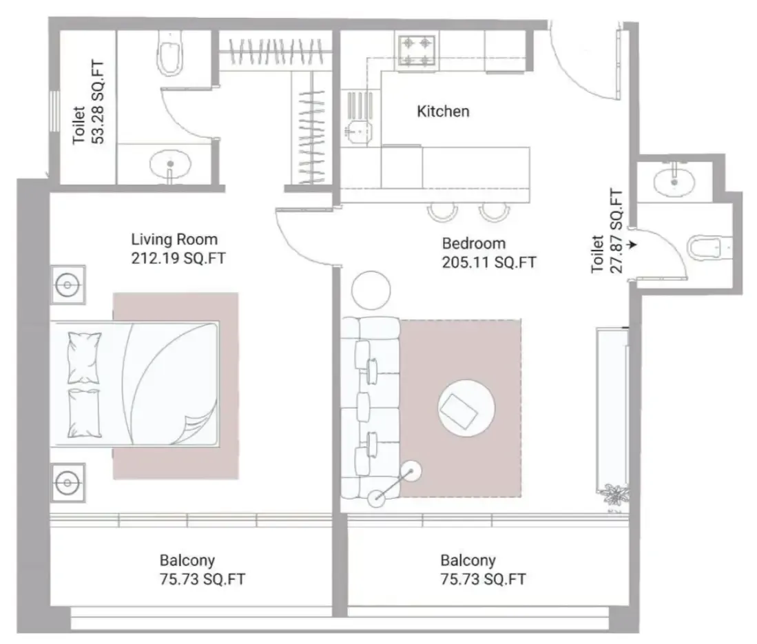 Ajman Creek Towers 1 bed floor plan, 1,076 – 1,108 sqft