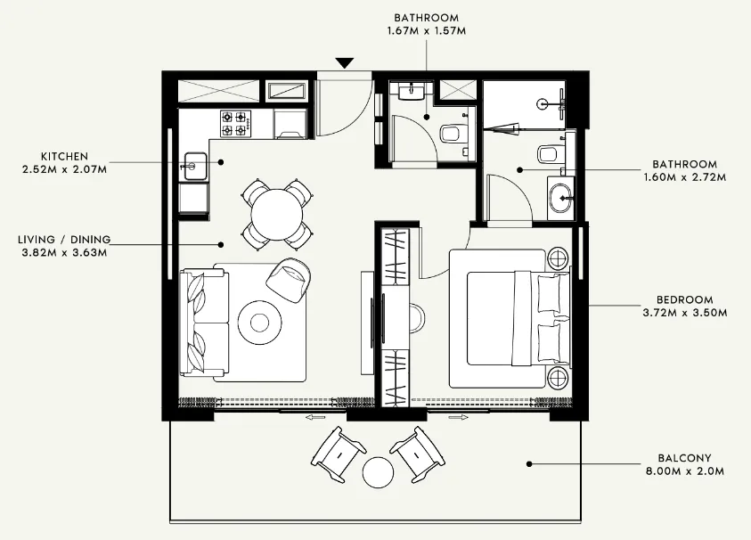 Azizi Venice 1 bed floor plan, 724 sqft