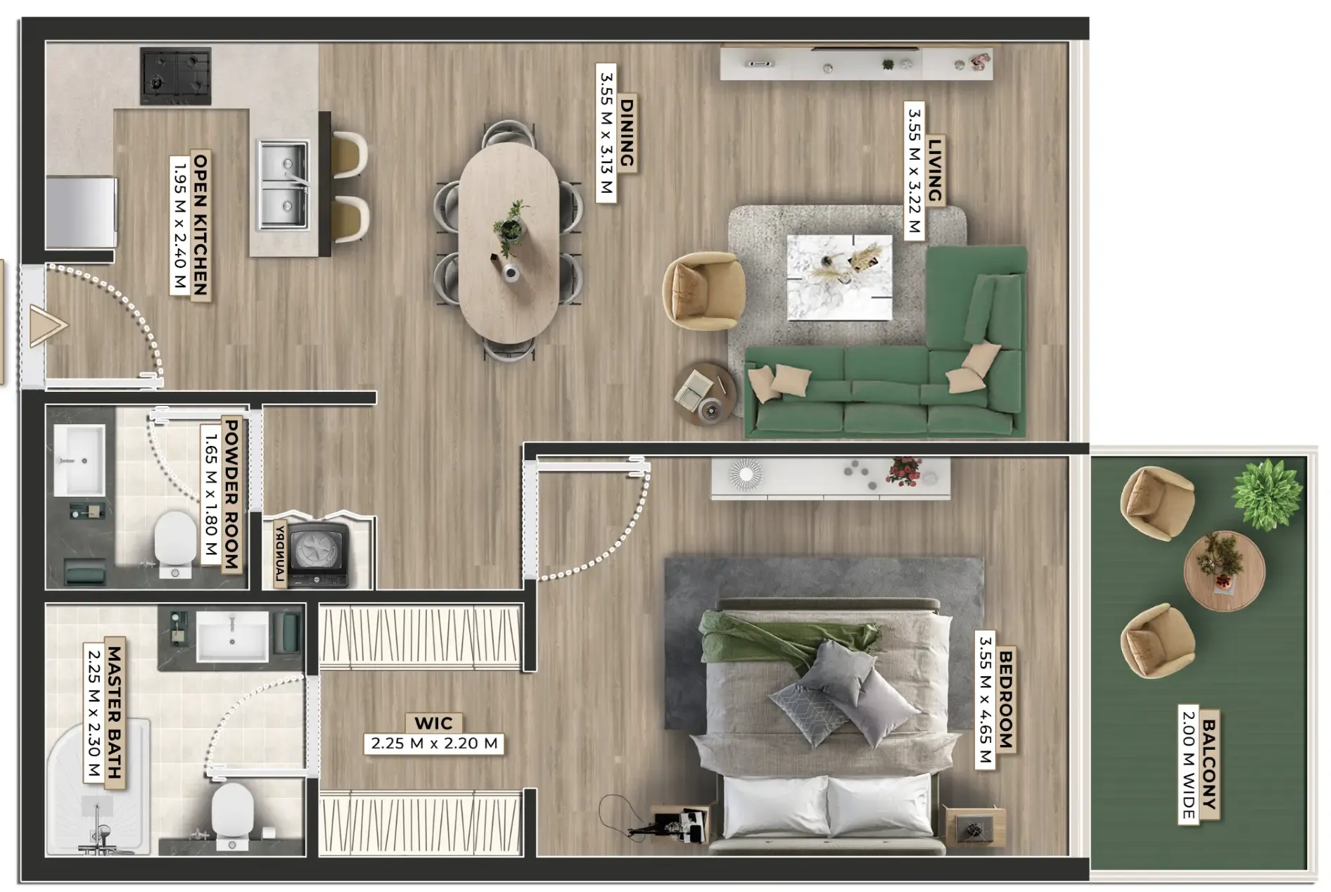 Firoza 1 bed floor plan, 822 sqft