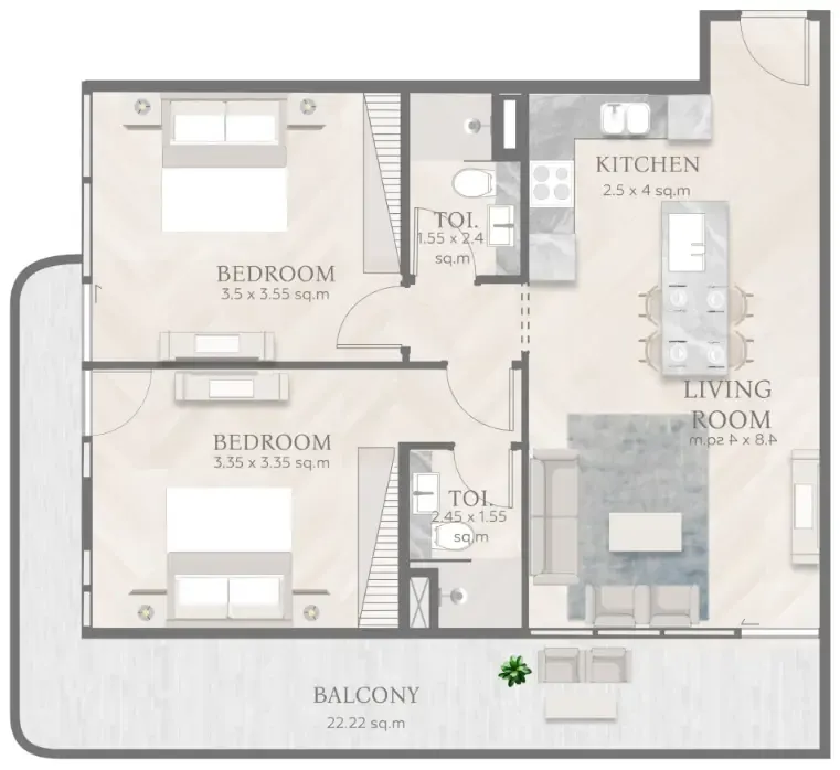 Casa Aura Residence 2 bed floor plan, 1,091 sqft