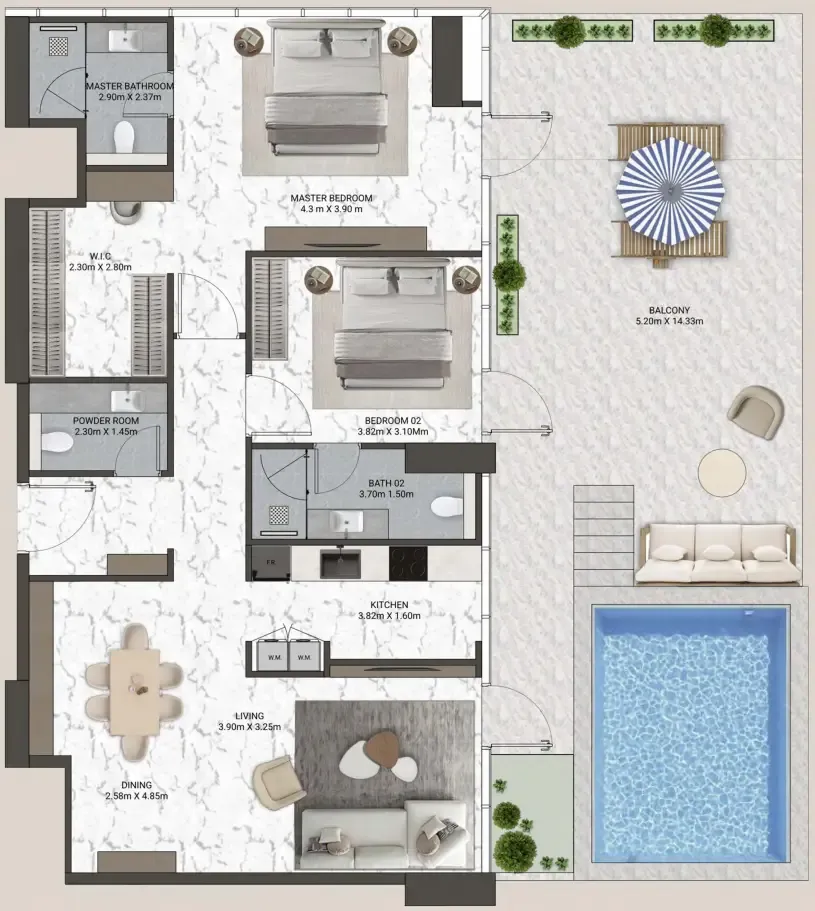 V-Suites 2 bed floor plan, 1,986 sqft