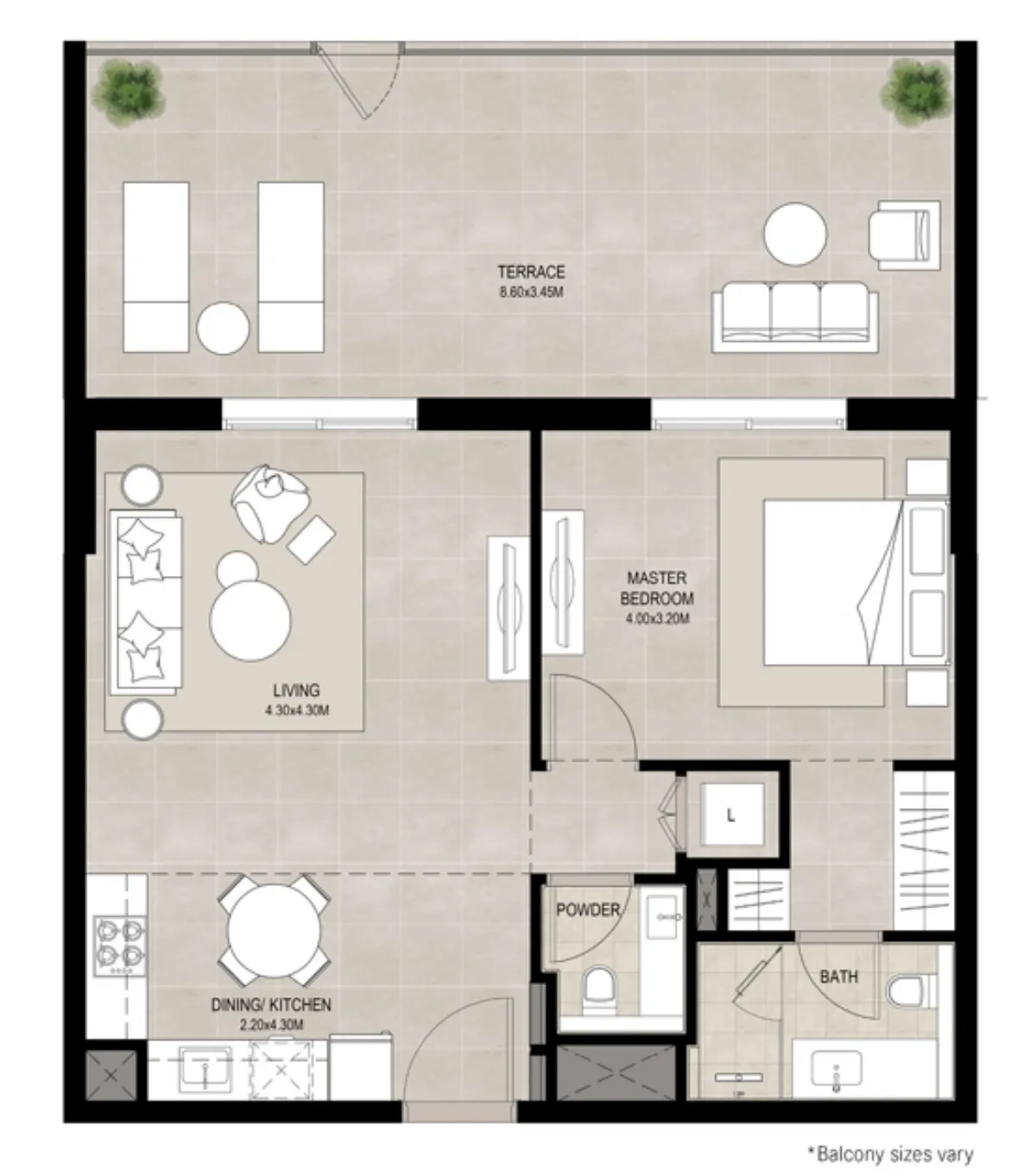 Ellison 1 bed floor plan, 922 sqft