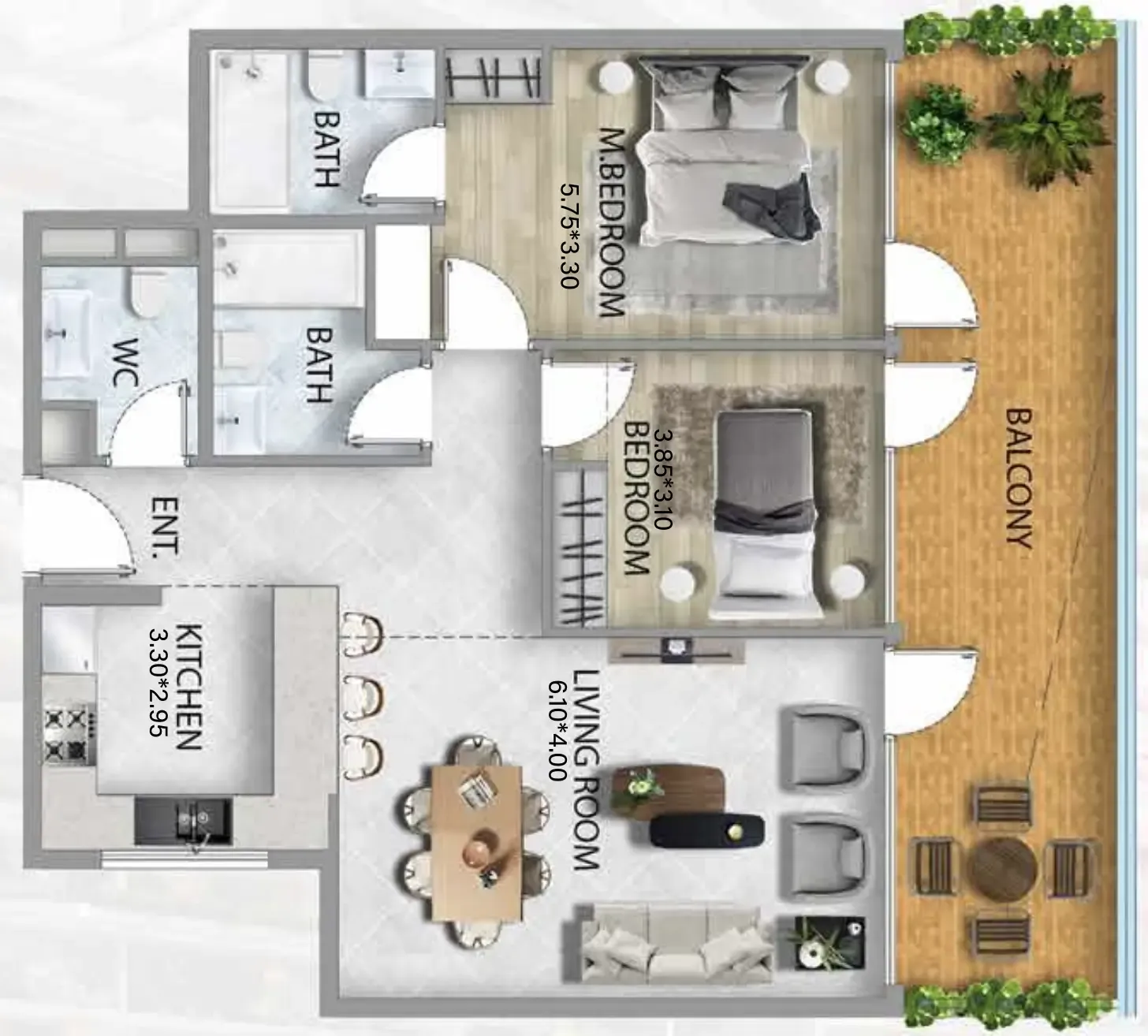 311 Boulevard 2 bed floor plan, 1,287 sqft