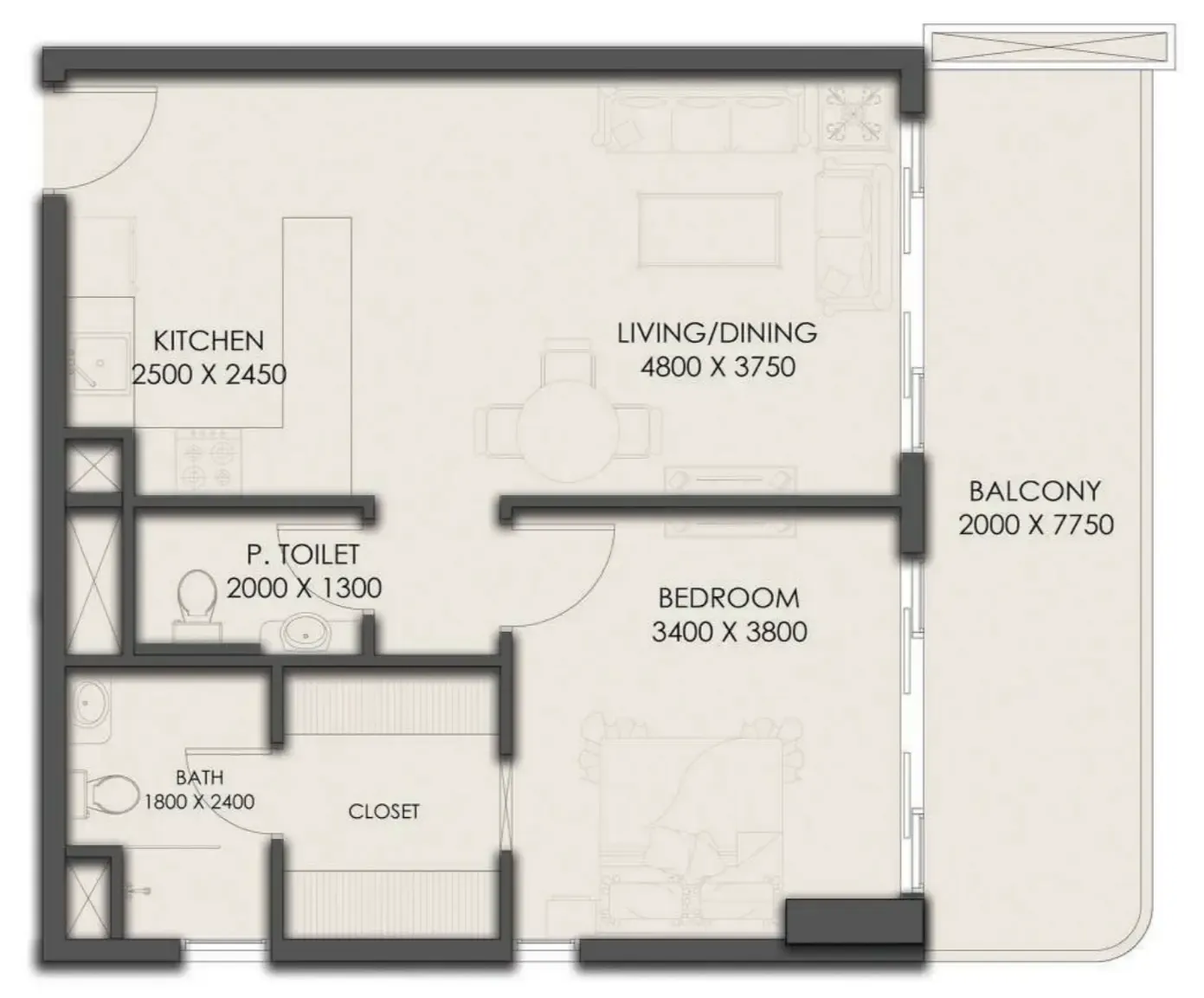 Park Residency 1 bed floor plan, 786 sqft