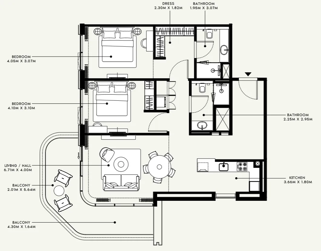 Azizi Venice 2 bed floor plan, 1,297 sqft