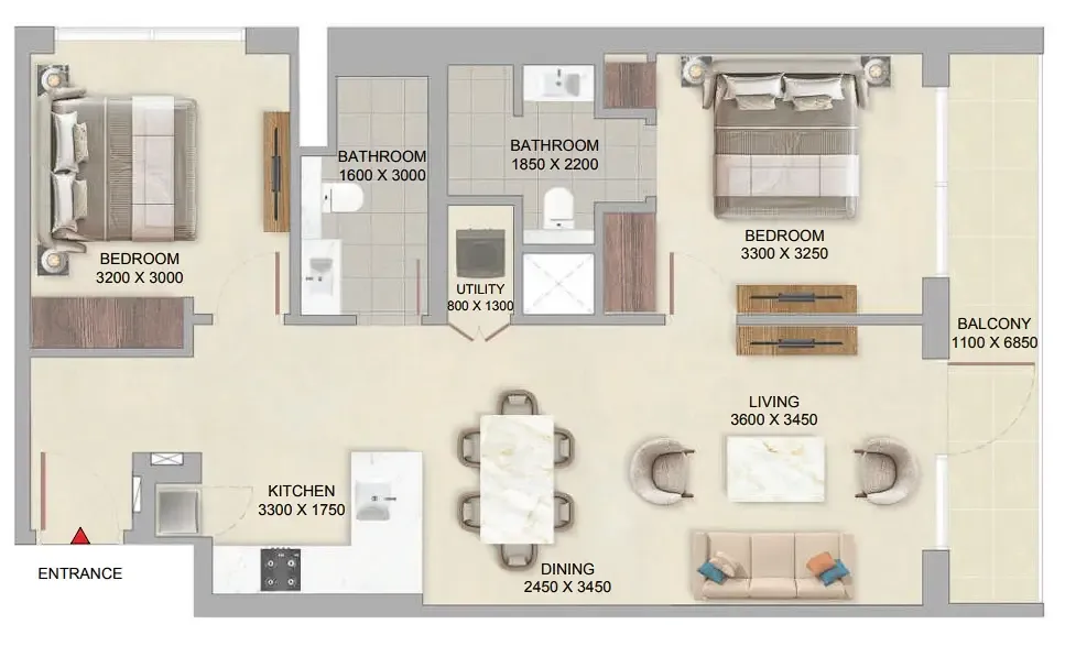 The Woods Abode at Sobha Sanctuary 2 bed floor plan, 961 sqft