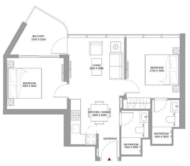 Yachtside Marina Residences 2 bed floor plan, 706 – 718 sqft