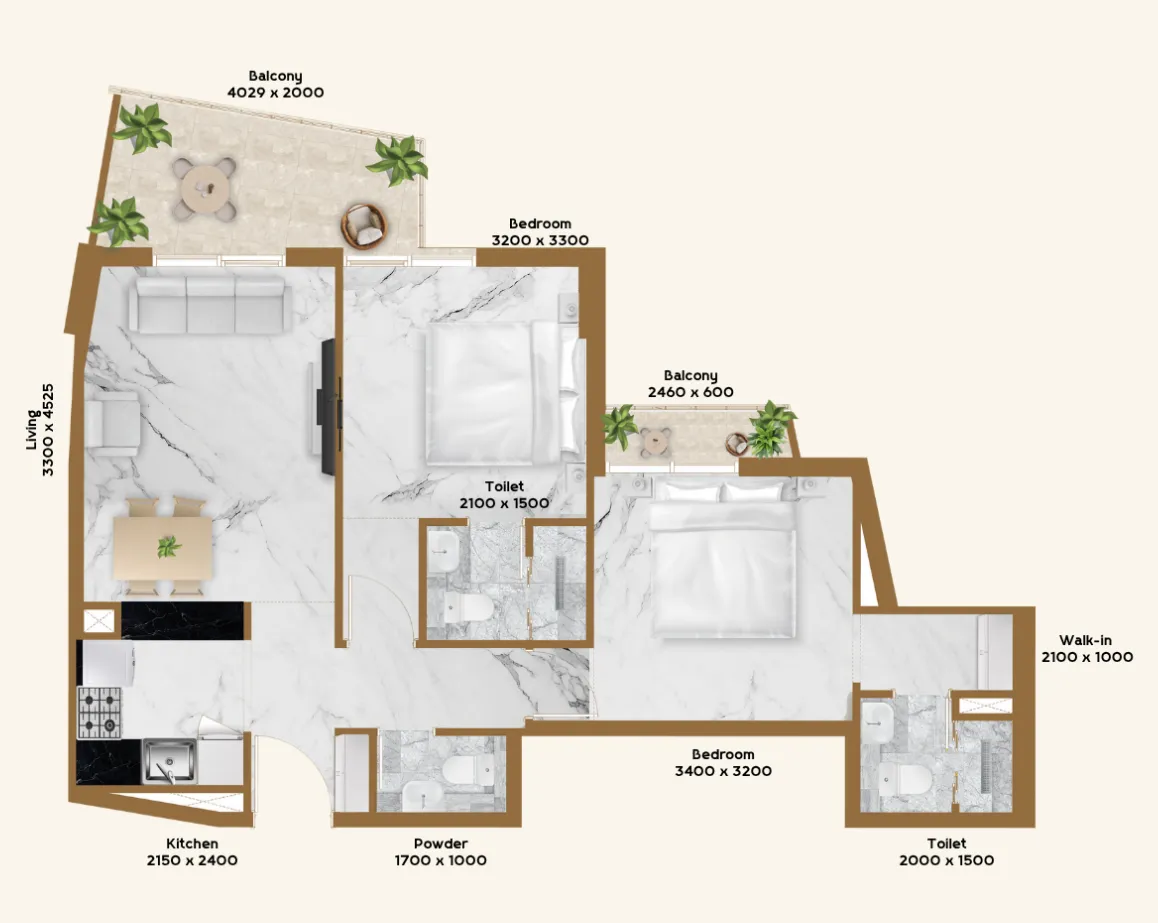 RR Residence 2 bed floor plan, 819 sqft