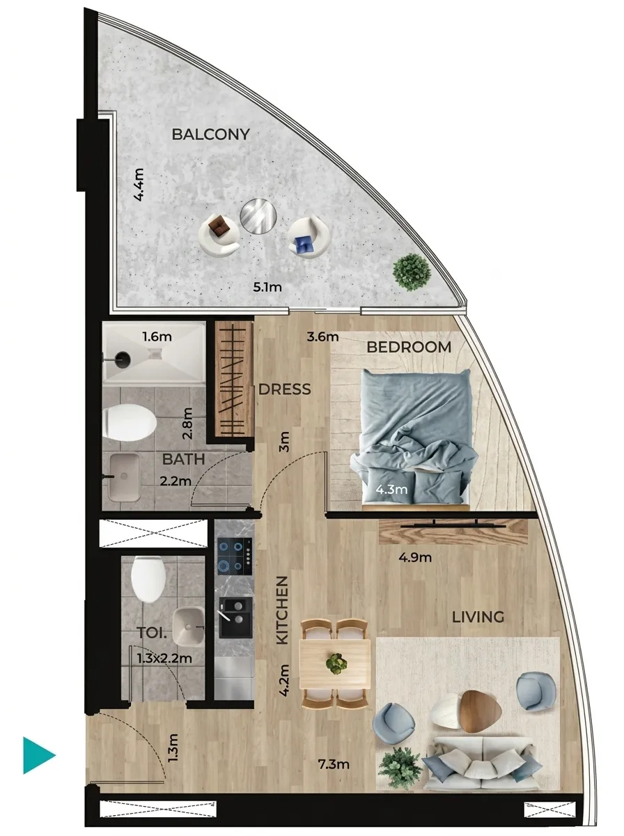 Waterfront by Missoni 1 bed floor plan, 668 sqft