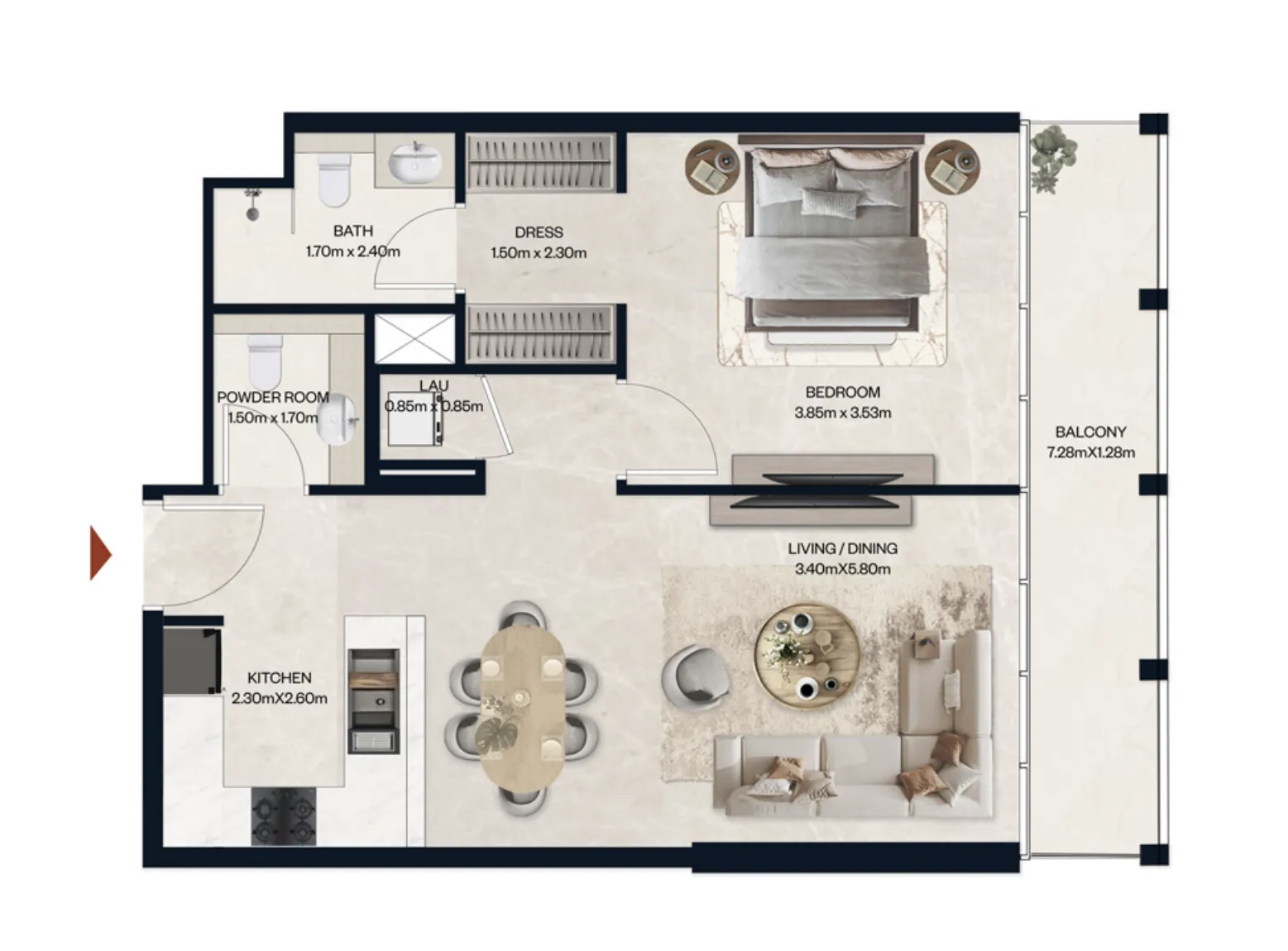 Norah Residence 1 bed floor plan, 743 sqft
