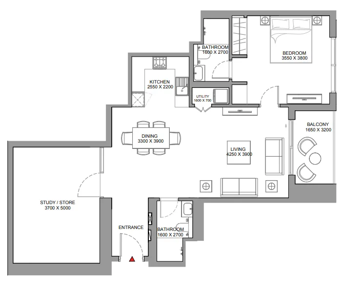 Skyscape 1 bed floor plan, 1,126 sqft