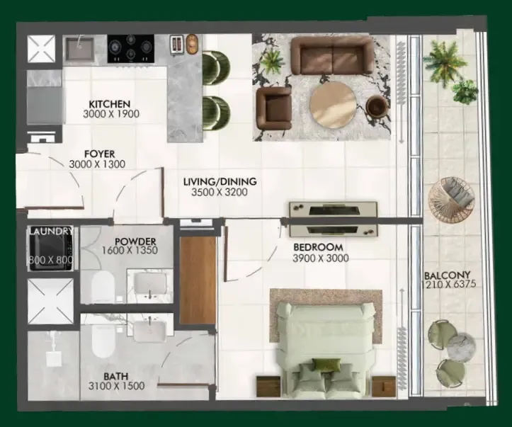 Enchante 1 bed floor plan, 541 – 583 sqft