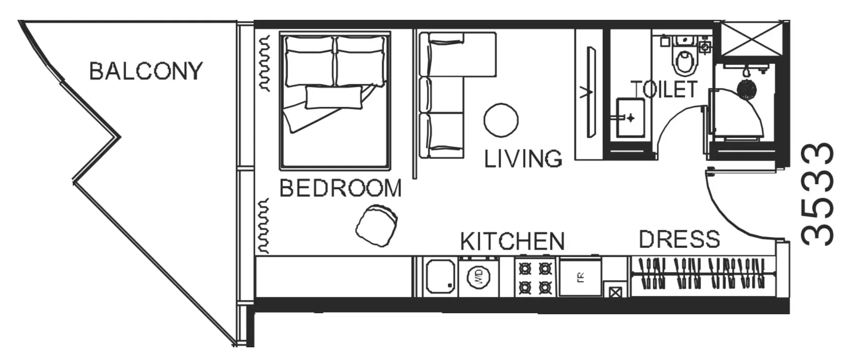 The WOW Tower Studio floor plan, 444 sqft