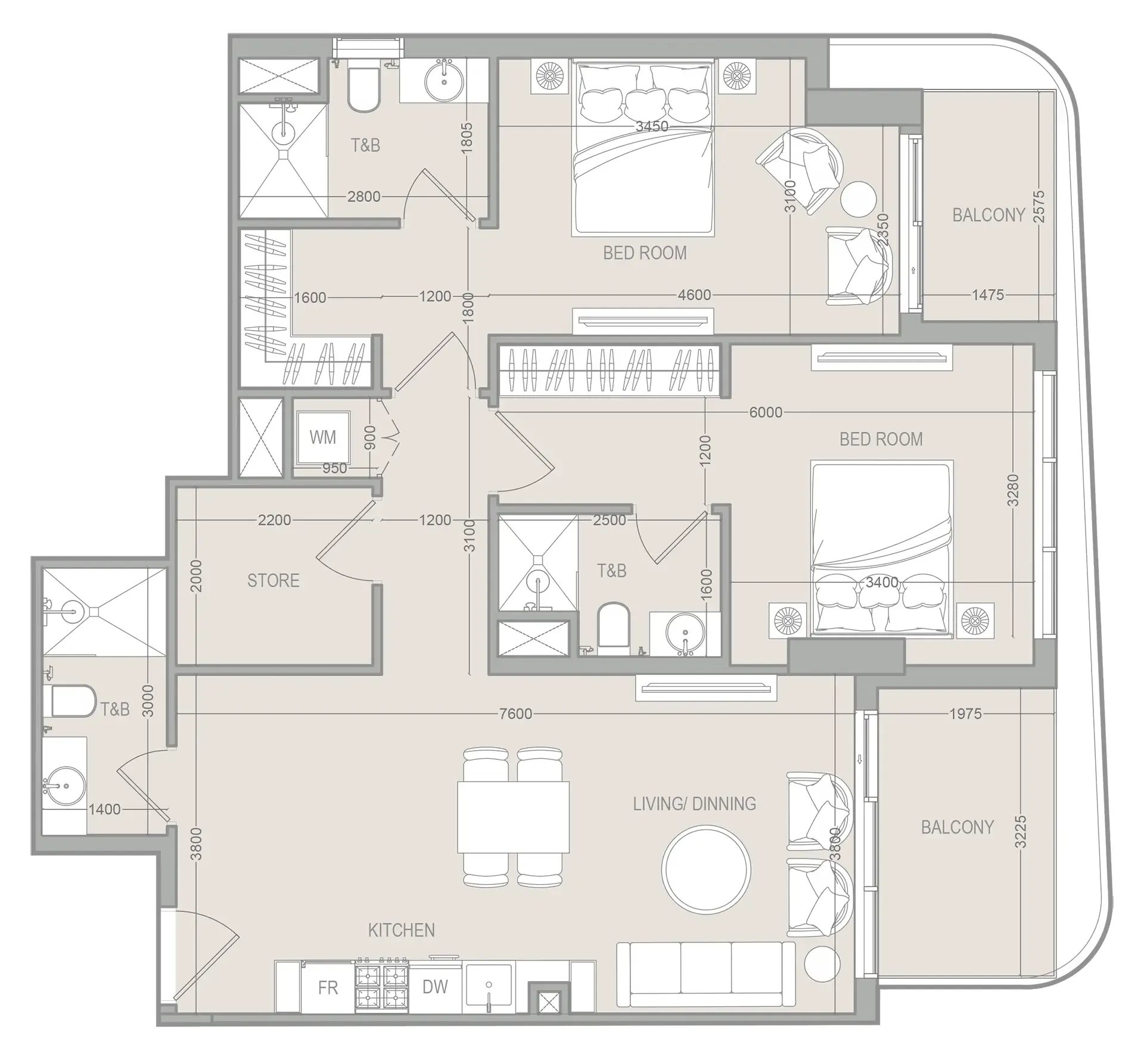 FLU1D ONE 2 bed floor plan, 1,131 sqft