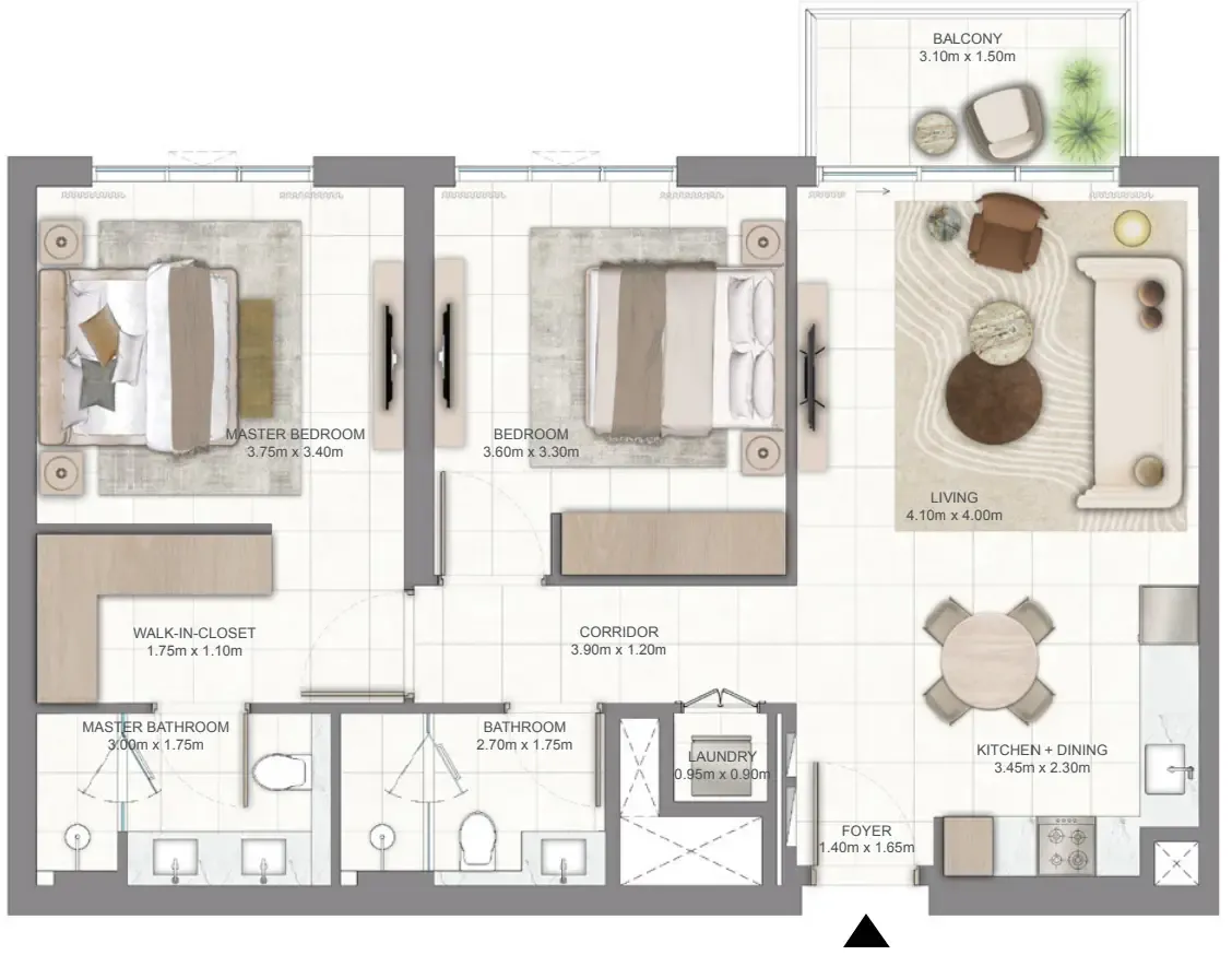 Golf Vale 2 bed floor plan, 990 – 993 sqft