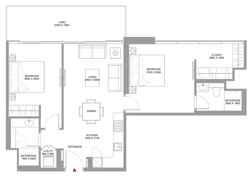Pristine Beach Residences 2 bed floor plan, 985 – 989 sqft