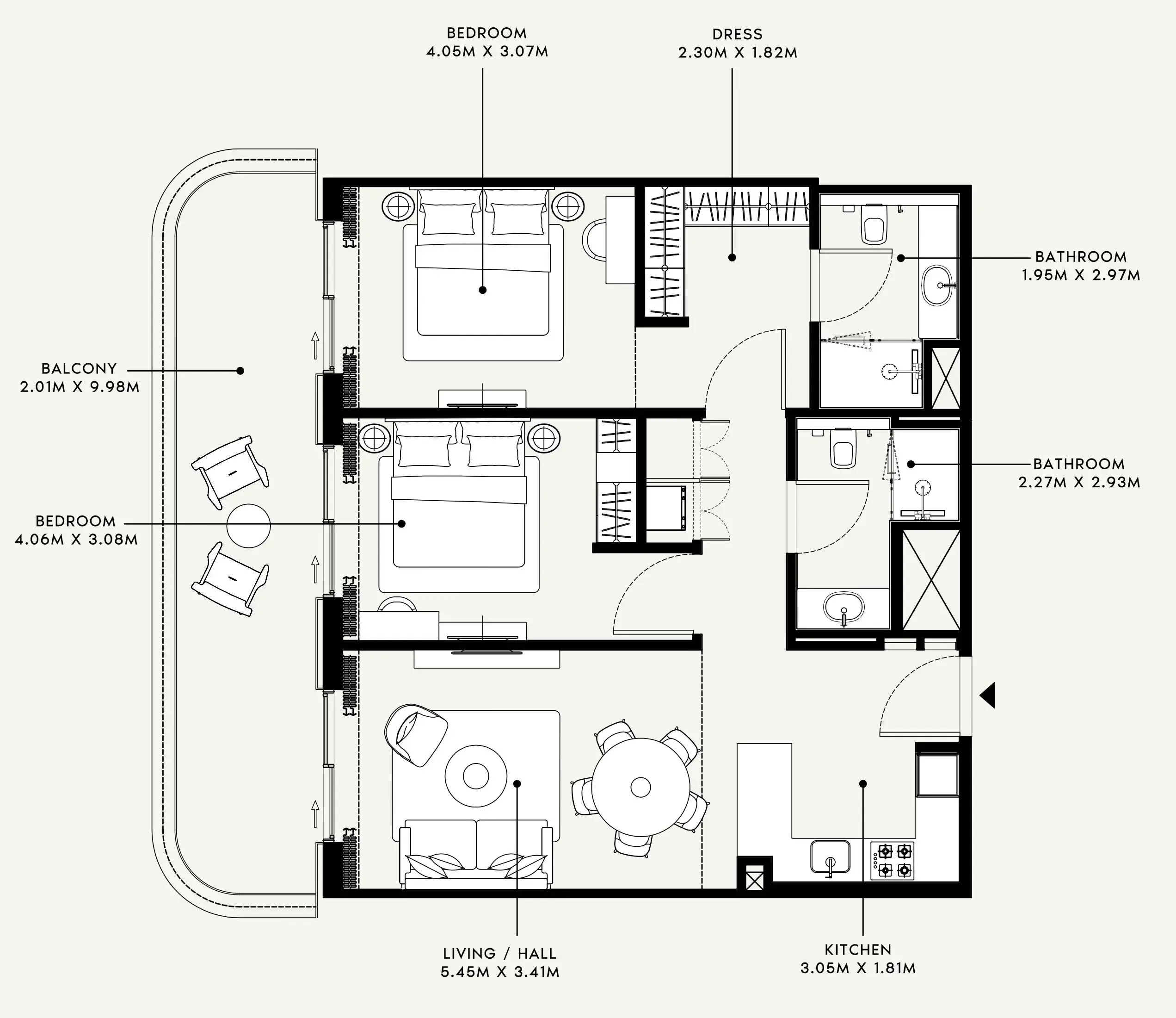 Azizi Venice 2 bed floor plan, 1,160 sqft