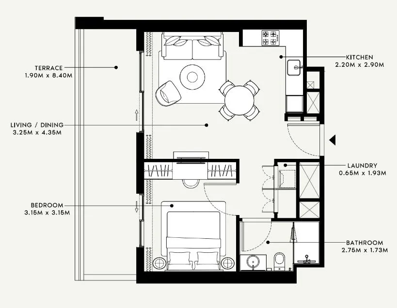 Beach Oasis 1 and 2 1 bed floor plan, 728 sqft