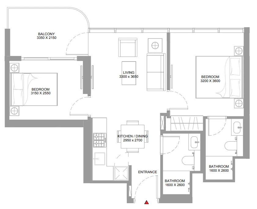 Pierside Marina Residences 2 bed floor plan, 686 – 689 sqft