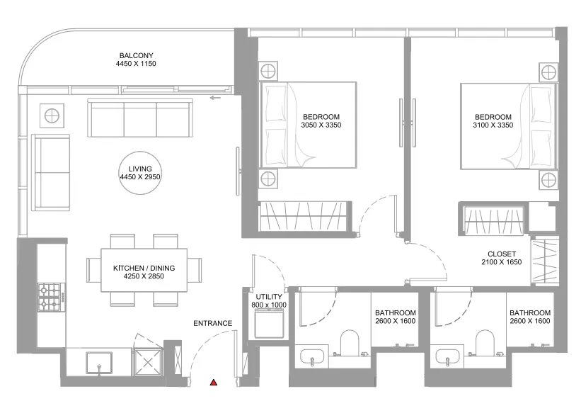 Bayfront Marina Residences 2 bed floor plan, 872 sqft