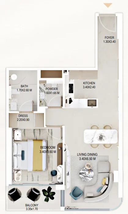 Rabdan Gardens 1 bed floor plan, 751 – 752 sqft