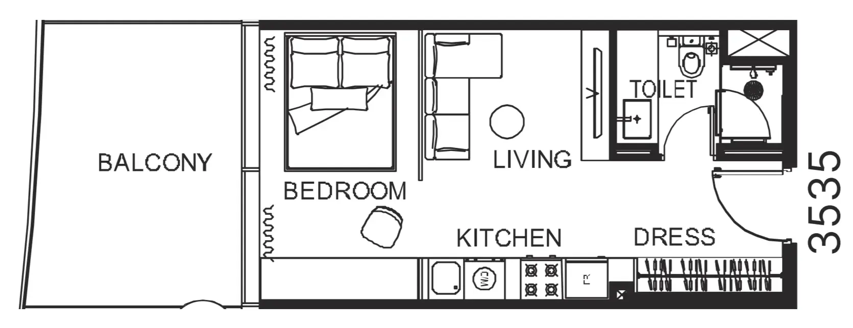 The WOW Tower Studio floor plan, 474 sqft