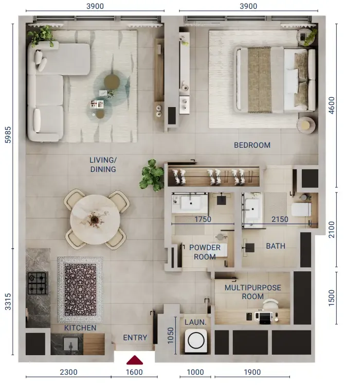 Mirdad 1 bed floor plan, 791 sqft