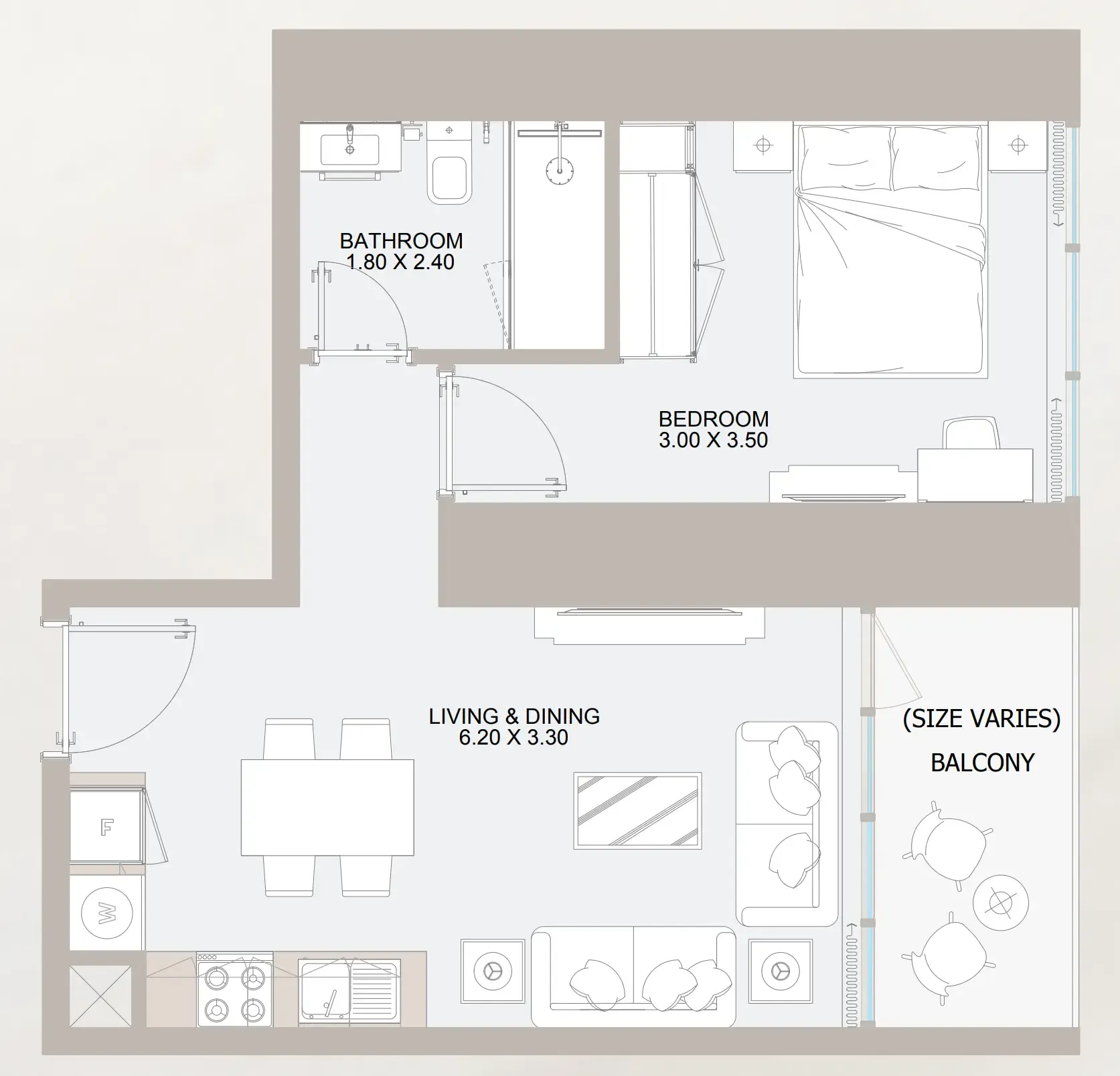 Vista 3 1 bed floor plan, 516 – 565 sqft