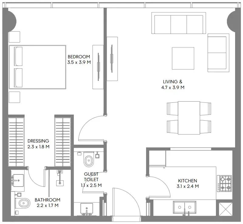 The Gate 3 and 4 1 bed floor plan, 735 sqft