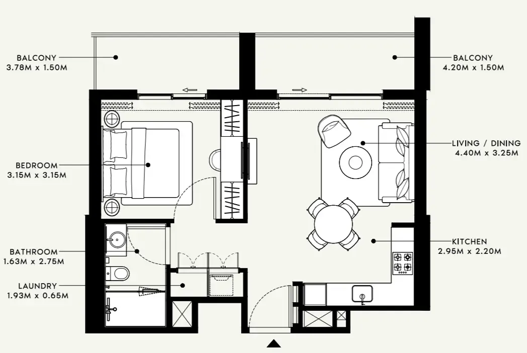 Beach Oasis 1 and 2 1 bed floor plan, 677 sqft