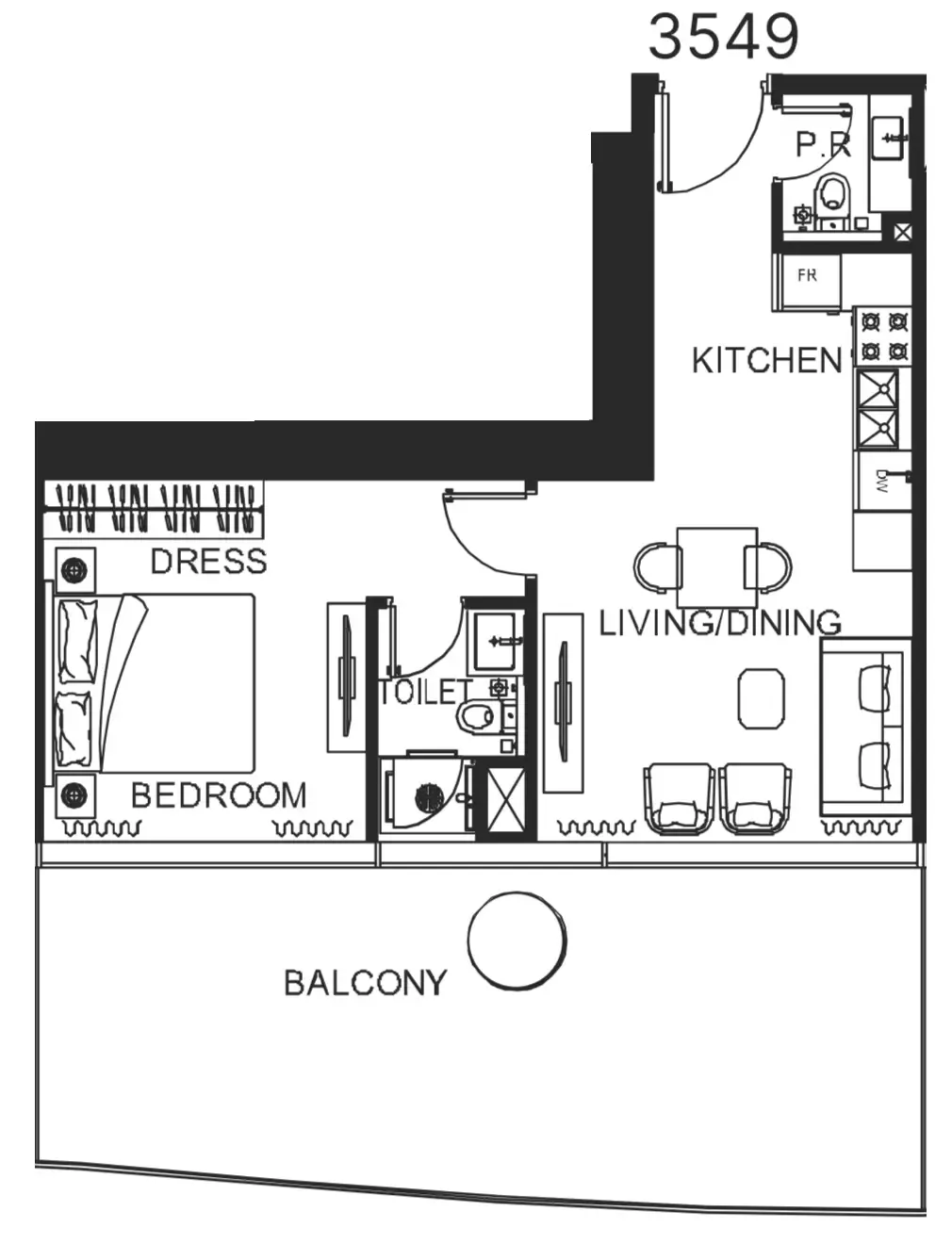 The WOW Tower 1 bed floor plan, 833 sqft