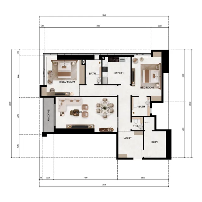 Lily Tower 2 bed floor plan, 1,417 sqft