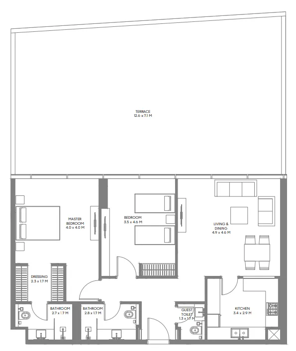 The Gate 3 and 4 2 bed floor plan, 2,084 sqft