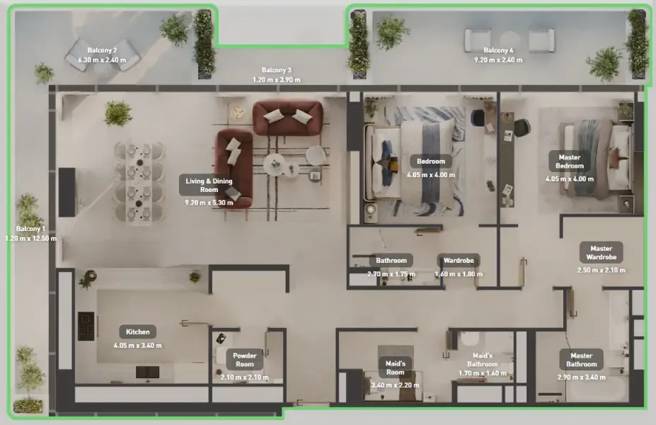 Luluat Marina at Luluat Al Raha 2 bed floor plan, 2,328 sqft