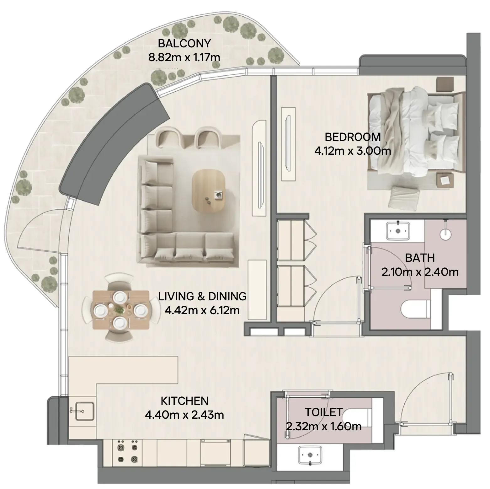 Mirasol Mina 1 bed floor plan, 882 sqft