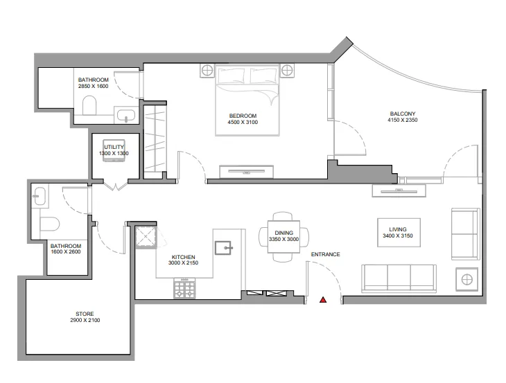 Skyvue Spectra 1 bed floor plan, 967 sqft