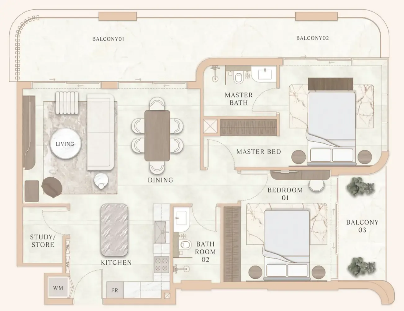 La Vue by MAAIA 2 bed floor plan, 1,340 sqft