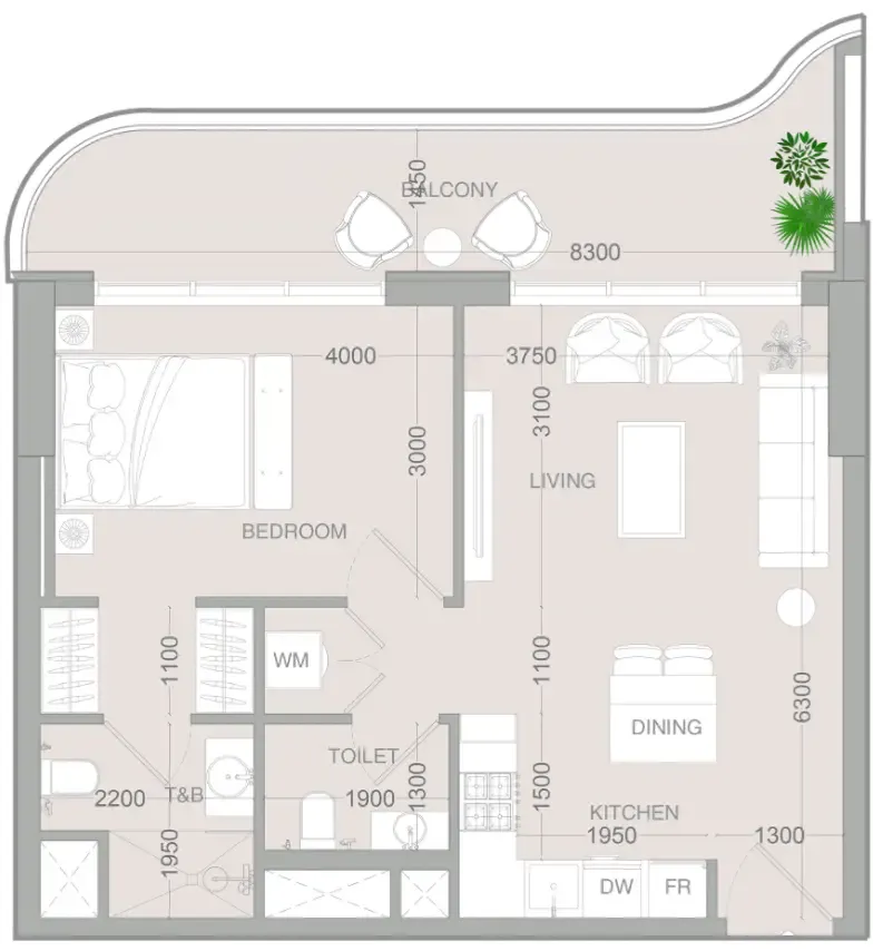 ALTA V1EW 1 bed floor plan, 720 sqft
