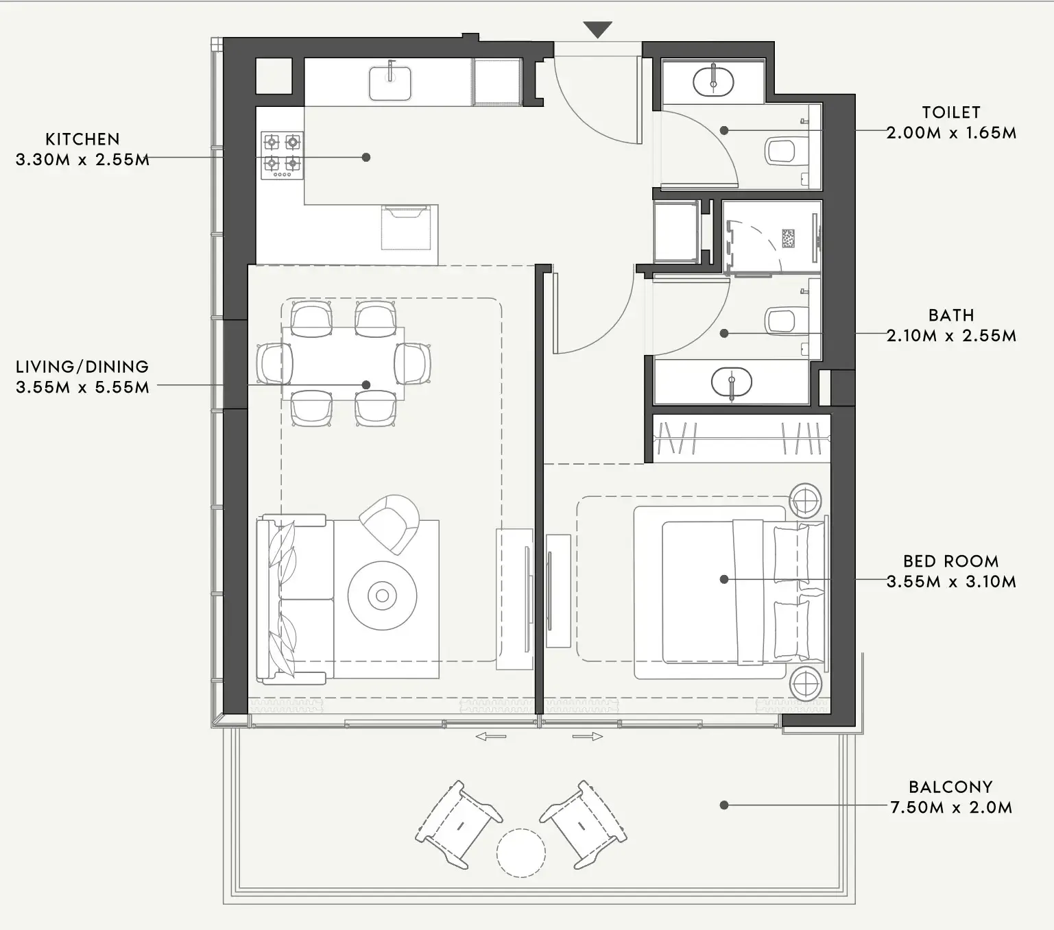 Riviera 58 1 bed floor plan, 831 sqft
