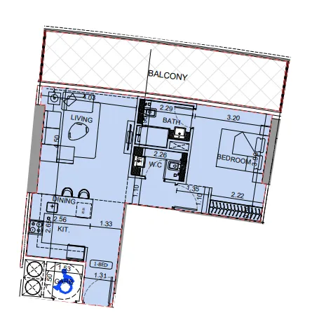 Binghatti Aquarise 1 bed floor plan, 908 sqft