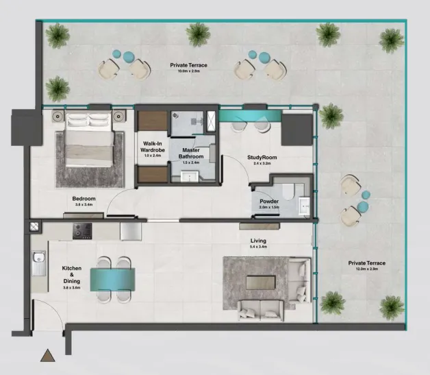 Sky Hills Residence 2 1 bed floor plan, 1,375 sqft